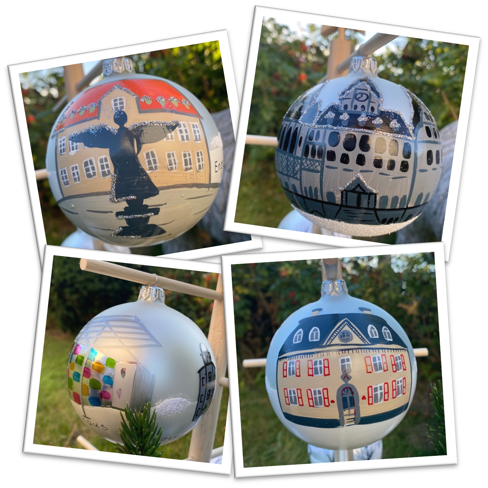 Vier Weihnachtskugeln mit unterschiedlichen Motiven